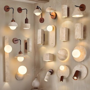Minimalist Wood <b>Wall</b> Lamp <b>With</b> Stone Dome Shade E27 LED 2700K Warm <b>Light</b> For Bedroom - Product Image 2