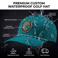 Casquette de baseball OEM personnalisée à 5 panneaux avec logo en caoutchouc PVC et cordon, casquette perforée imperméable découpée au laser, casquette de sport haute performance pour papa