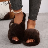 Chaussons d'intérieur plats à bout ouvert en fausse fourrure avec pompons pour femme – Collection Automne 2026