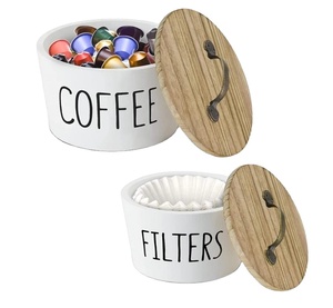 White Coffee Filter Holder Coffee Filter Storage Container Basket Round Wooden Coffee Pod Holder With Lid