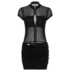 Robe mini chic à col clé et boutons, ajourée, à manches courtes pour femme - Product Image 6