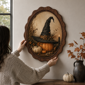 Farmhouse Halloween Oval Wall Art Ghost Black Cat <b>Witch</b> Hat Pumpkin Vintage Oil Painting Spooky Autumn Living Room Hanging <b>Decor</b> - Product Image 1