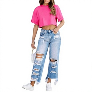 Camiseta Corta Holgada para Mujer, Color Sólido, Cuello Redondo, Manga Corta, Informal, Transpirable, de Algodón, para Primavera y Verano - Product Image 1