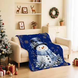 Christmas Snowman Print <b>Throw</b> Blanket Rectangular <b>Blue</b> Polyester Acrylic Soft Home Decor Winter Classic Style Machine Washable - Product Image 1
