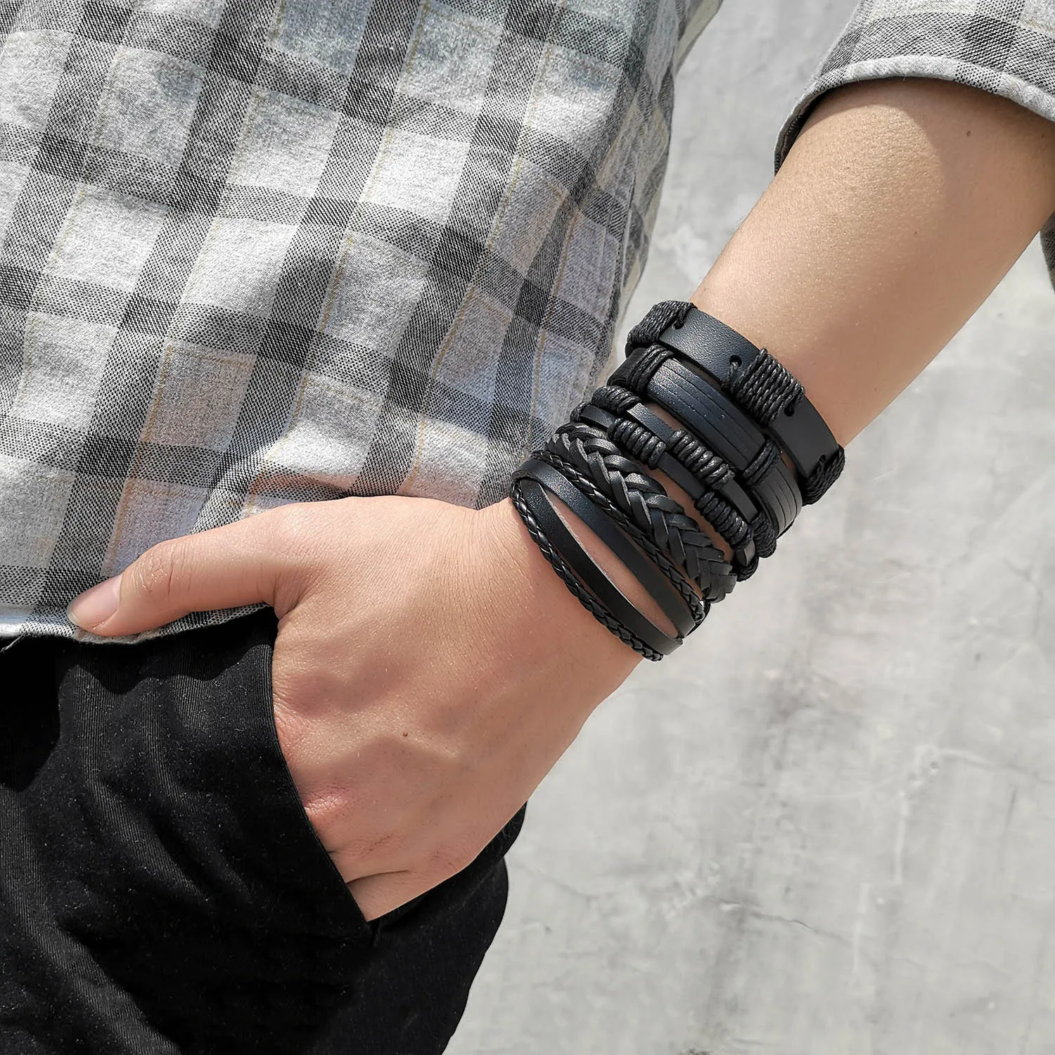 Punk Style Multilayer Herren Leder Armband Holz perlen Leder Weave Wrap Armband Für Männer Faden Armband Krebs