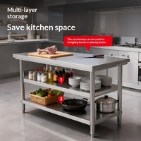 Table de travail de cuisine double couche en acier inoxydable robuste pour la préparation, l'assemblage, l'emballage et la distribution des aliments, usage commercial et traiteur