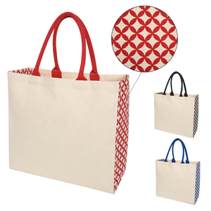 Sac fourre-tout en coton écologique avec motif géométrique, poignées rondes confortables, impression par transfert thermique - Product Image 5