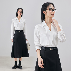 Women's White Long Sleeve Shirt With V Neck And Pocket Black Skirt Set For Office Wear - Product Image 1