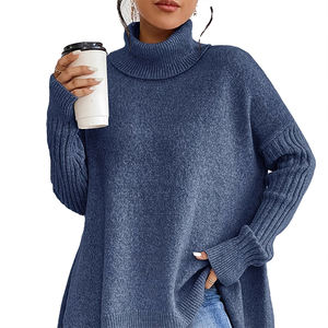 Pull long en tricot épais à col roulé, à épaules tombantes, décontracté et tendance pour l'hiver, couleur unie, pour femmes - Product Image 4