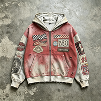 Hoodie Zipper Heavyweight Vintage Wash Distressed Racing Patchwork untuk Pria Streetwear Pesanan Grosir Logo Kustom Tersedia