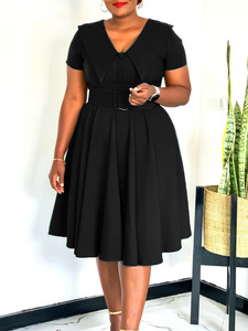Nouvelle robe midi élégante en polyester à col en V, couleur unie, vêtements de travail pour femmes, manches courtes, robe de bureau élégante, décontractée d'été - Product Image 5
