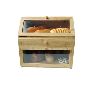 Caja de pan de bambú de gran capacidad, contenedor de madera de 2 niveles con cajón de herramientas