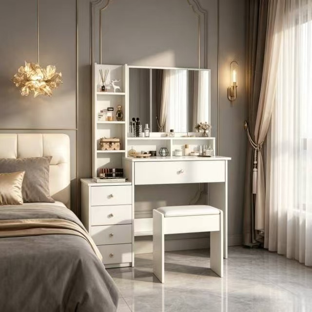Modern Wooden Dressing Table with Mirror, Natural Wood Tone Makeup Vanity Table for Bedroom Storage