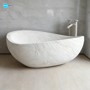 Baignoire autoportante d'intérieur de style occidental en marbre beige de forme ovale en pierre naturelle à vendre - Product Image 4