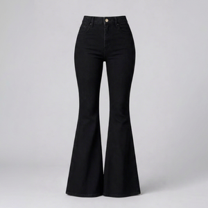 Vaqueros de mezclilla acampanados de cintura alta, color negro liso, de algodón, estilo urbano, tejido de peso medio, teñido liso, para otoño - Product Image 1