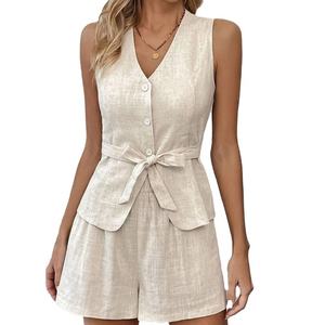 Costume deux pièces décontracté en coton de haute qualité, coupe ajustée, col en V, style simple et polyvalent, idéal pour l'été et l'automne, modèle OEM personnalisé, pour le marché transfrontalier. - Product Image 1