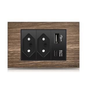 Enchufe de pared de aluminio y madera con estándar brasileño, doble USB tipo C, interruptor de luz y toma de corriente. - Product Image 1
