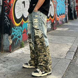 Jean en denim déchiré pour homme, style motard, avec empiècements camouflage et patchwork – Grande <span class=keywords><strong>Vente</strong></span> - Product Image 6
