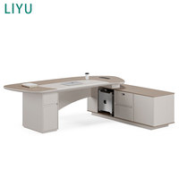 Ensemble de bureau exécutif moderne et luxueux LIYU avec chaise à dossier haut, mobilier de bureau en bois beige en forme de vague avec étagère murale