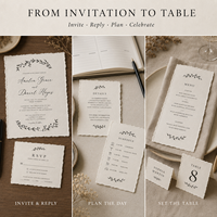Suite d'invitations de mariage personnalisées à bords festonnés, papier fait main avec impression de croquis botaniques minimalistes, carte RSVP et carte de détails