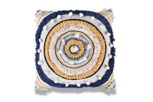 Bohemian coastal Blue Shaggy <b>Cushion</b> Cover with white Pom Pom at best price Handwoven Designer Yellow loop <b>tufted</b> Pillow cover - Product Image 4