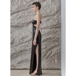 2024 haut de gamme marque de créateur fabricants de vêtements de luxe Sexy dos nu fente noir Sequin pansement Maxi robes décontractées pour les femmes - Product Image 3