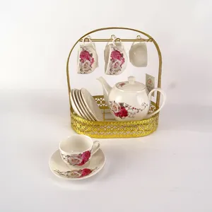 꽃 데칼 디자인 세라믹 차 컵과 주전자 세트 꽃 차 세트