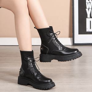 Botines de Mujer para Otoño e Invierno, con Cierre de Cordones, de Cuero Negro, Suela Gruesa y Punta Redonda, Elásticos y a la Moda - Product Image 3