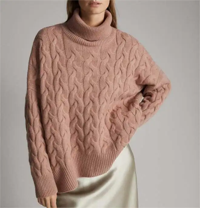 2024 Manufacturer Custom Woollen Cotton Acrylic Long Sleeve Women's Winter Cable Knit Turtleneck Pullover Sweater For Ladies