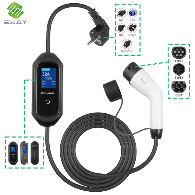 New Commercial EV Charging Station 7KW 32A GBT Portable EV Charger 5M Cable IP65 Rated WiFi for Enabled 2.8" LCD Display