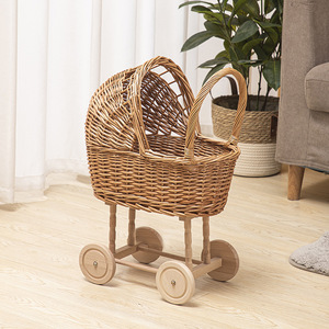Chariot de courses en rotin tressé fait main pour enfants, panier de photographie, chariot de rangement durable et écologique avec roues - Product Image 3