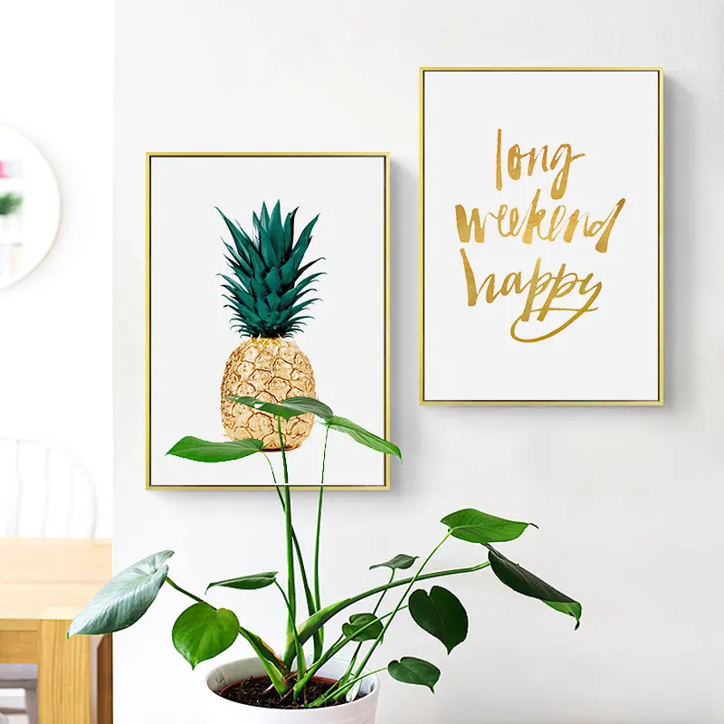 Nordic Golden Pineapple Green Leaves Canvas Painting Wall Art Motivational Quotes Poster Tropical Plant Pictures For Living Room