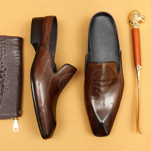 Bagged leather shoes for men, summer outerwear, genuine leather engraved business formal <b>half</b>-toe shoes - Product Image 2