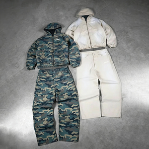 Conjunto de Jeans Personalizado: Chaqueta de Mezclilla con Cremallera y Pantalones de Camuflaje, Conjunto Oversize de Jogger de Mezclilla Pesada con Diseño Lavado - Product Image 1