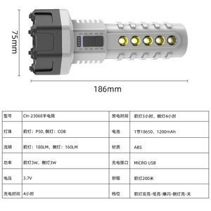 Ch-23068 ไฟฉาย 186 มม. 75 มม. ไฟ LED แบบชาร์จไฟได้สำหรับใช้งานกลางแจ้งพร้อมตัวหรี่แสงสำหรับตั้งแคมป์ตกปลาเดินป่า - Product Image 1