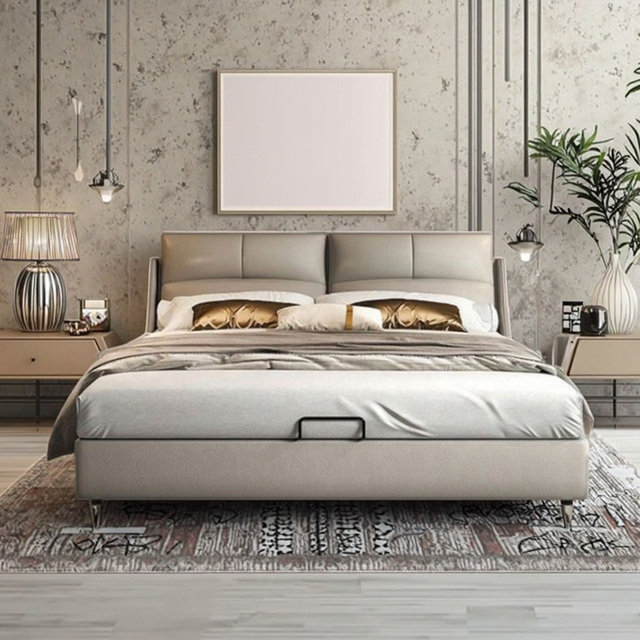 Luxury Modern Soft Bed Double Bed Frame Set Storage Genuine Leather Upholstery Stainless Steel Frame Wooden Bedroom Furniture