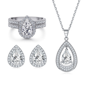 Classic 925 Sterling Silver Cushion Cut Halo CZ Jewelry <b>Set</b>, 3PCS Square Shape Cubic Zirconia Ring Earrings Necklace <b>Set</b> - Product Image 1