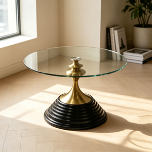 Mesa de Centro de Vidrio Templado Redonda de Lujo con Pedestal de Metal Dorado y Base Negra en Capas para Sala de Estar, Hogar, Sofá, Hotel y Vestíbulo - Product Image 2