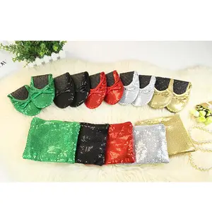 Customized trendy evening party flats black and silver sequin foldable shoes with bag