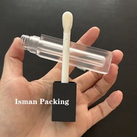 Tube de brillant à lèvres carré ISMAN 5ml, noir mat avec capuchon argenté, emballage vide pour gloss, grand applicateur, bouteille givrée, marque privée