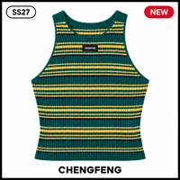 Débardeur court côtelé sans manches pour femme, style rétro preppy, rayures vertes, jaunes et marine, dos nageur, personnalisable avec logo OEM ODM