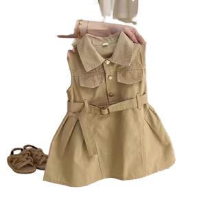 Vestido de verano 2026 nuevo para niñas, estilo coreano, casual, liso, corte A, hasta la rodilla, sin mangas, con botones, para niños - Product Image 2