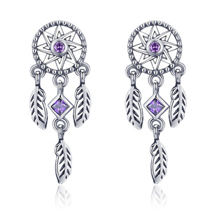 Pendientes de plata de ley 925 con atrapasueños para mujer, joyería de circonita cúbica púrpura, SCE502, para <span class=keywords><strong>BAMOER</strong></span> - Product Image 1