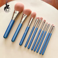 Ensemble de 10 pinceaux de maquillage vegan à poils synthétiques roses, manche en bois bleu, logo personnalisé, fabricants de produits de beauté en Chine, marque privée