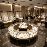 Kiosque de présentation de bijoux rond noir et or de luxe, complet à 360° °   Vitrine en verre avec piédestal rotatif central