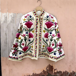 <b>Women</b> Floral Embroidered Stand <b>Jacket</b> White Open Stitch Long Sleeve <b>Lightweight</b> Autumn/Winter Fashion Coat <b>for</b> Casual Wear - Product Image 1