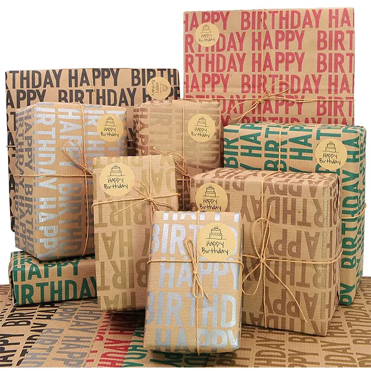 Pack de papier Kraft pliable personnalisé, papier de joyeux anniversaire, couleur marron, avec impression personnalisée