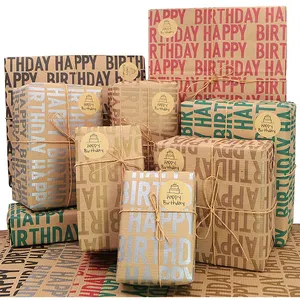 papier d&#39;emballage cadeau kraft Suppliers-Pack de papier Kraft pliable personnalisé, papier de joyeux anniversaire, couleur marron, avec impression personnalisée