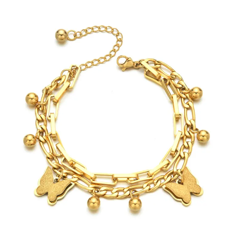 Stainless Steel Double Layered Butterfly Heart Bracelet 18k Gold Plated Adjustable Chain Bracelet Women Jewelry