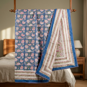 Housse de lit double en coton Dohar de qualité supérieure, imprimée à la main, réversible, motif floral bleu rose, lavable - Product Image 3